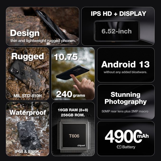 AGM H6 | Ultra-Thin | Rugged | 6.56-inch 90Hz Display | 8GB RAM + 8GB Virtual Expanded RAM + 256GB ROM | Android 13