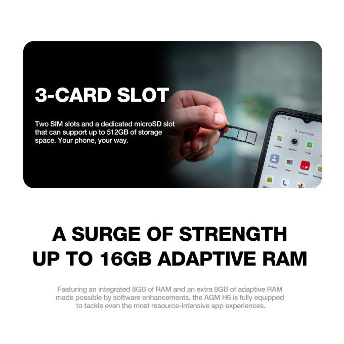 AGM H6 | Ultra-Thin | Rugged | 6.56-inch 90Hz Display | 8GB RAM + 8GB Virtual Expanded RAM + 256GB ROM | Android 13